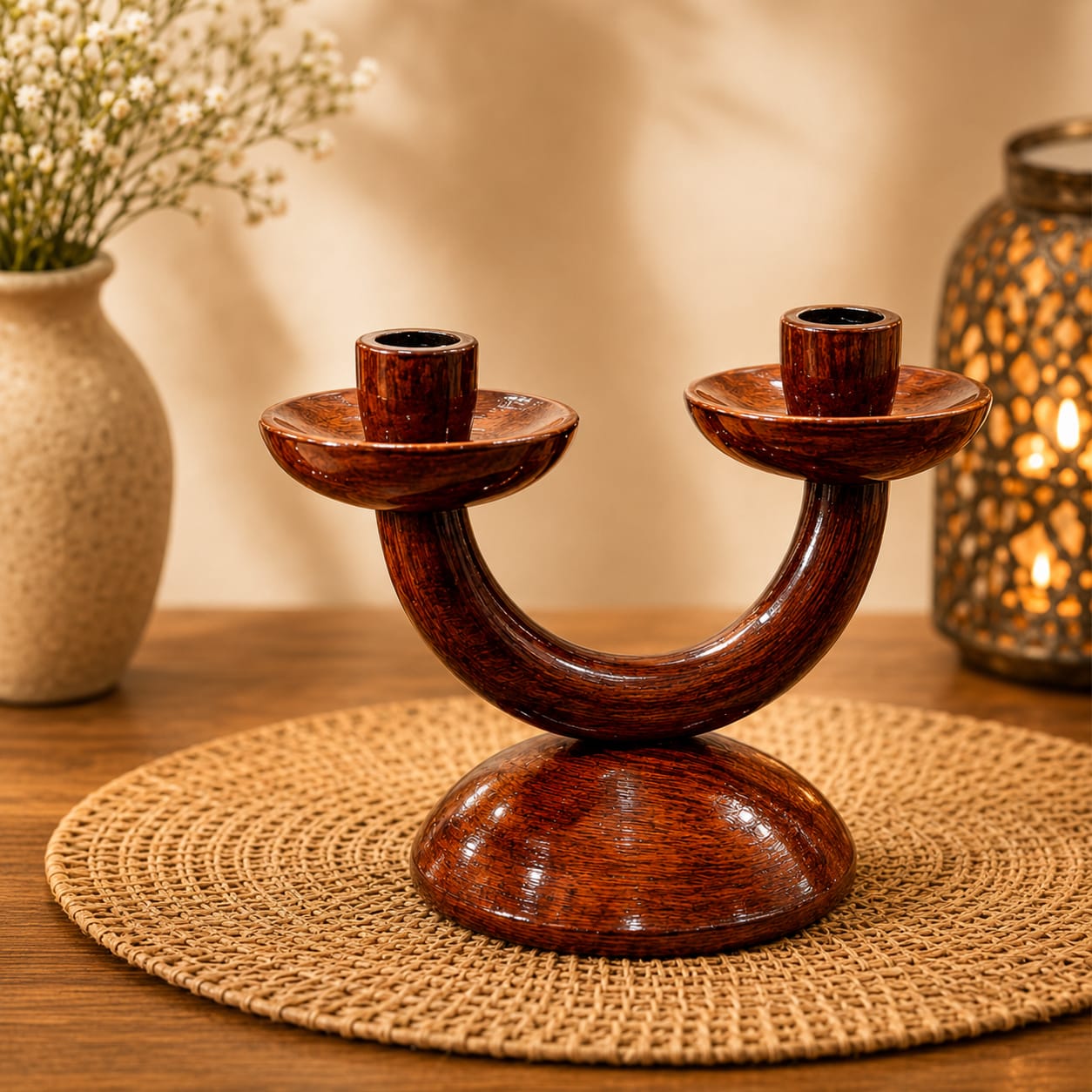 Wooden Twin Candlestick Holder