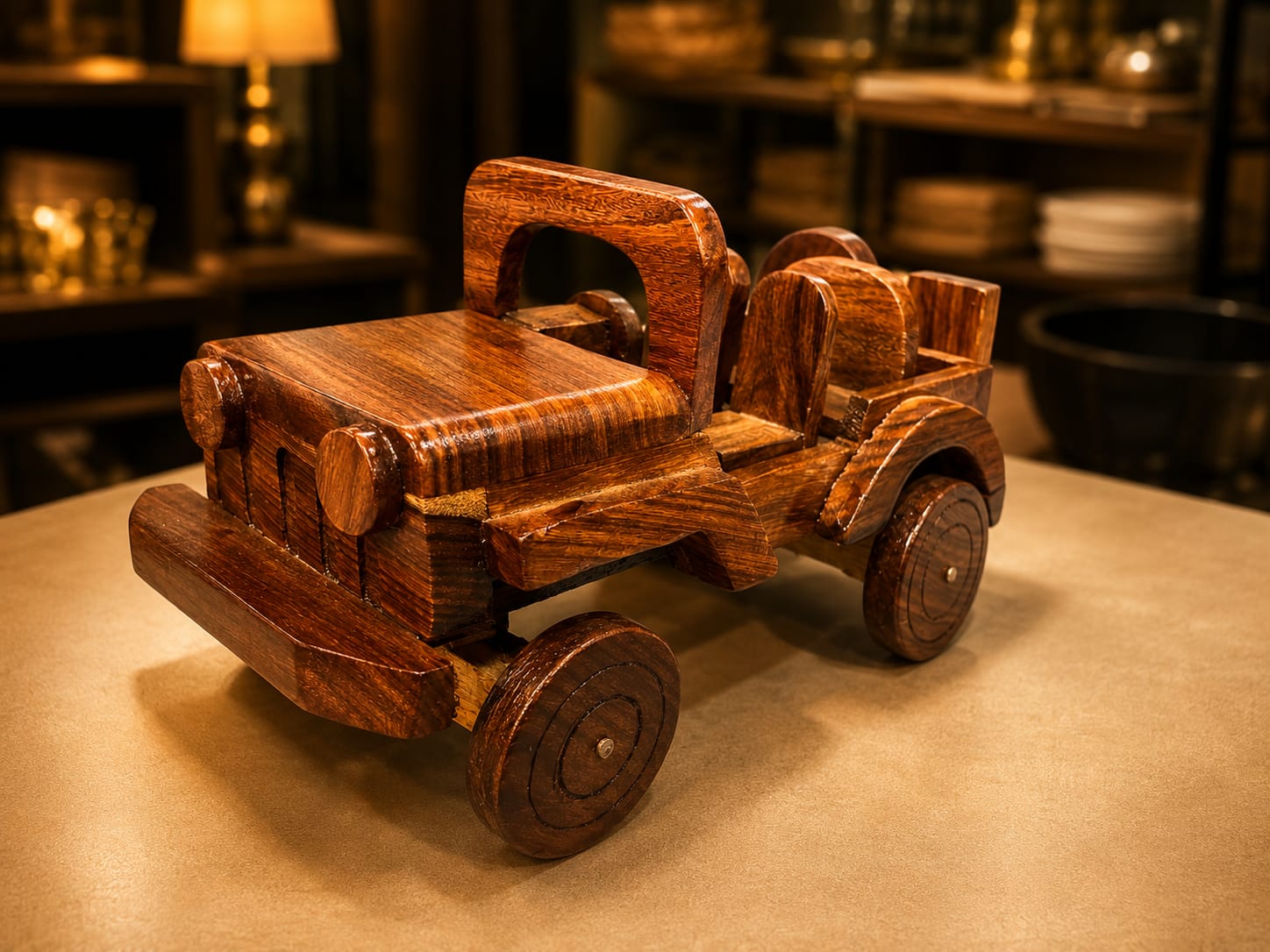 Hand-Carved Wooden Jeep Model
