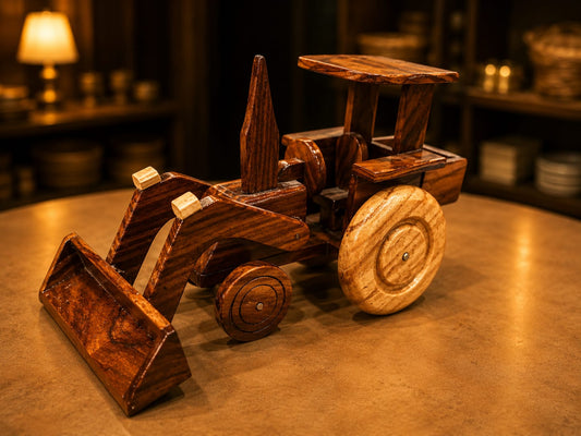 Hand-Carved Wooden Bulldozer Model
