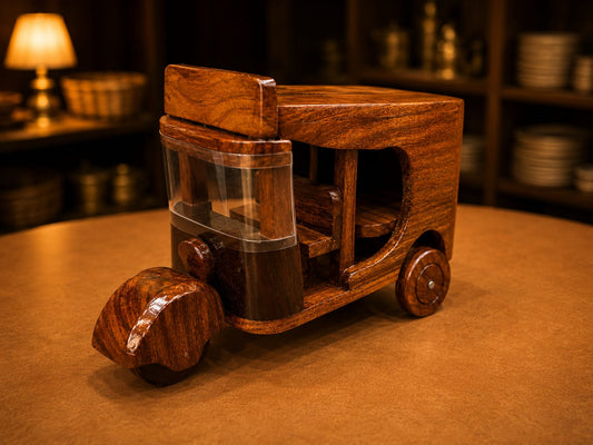 Hand-Carved Wooden Rickshaw Model