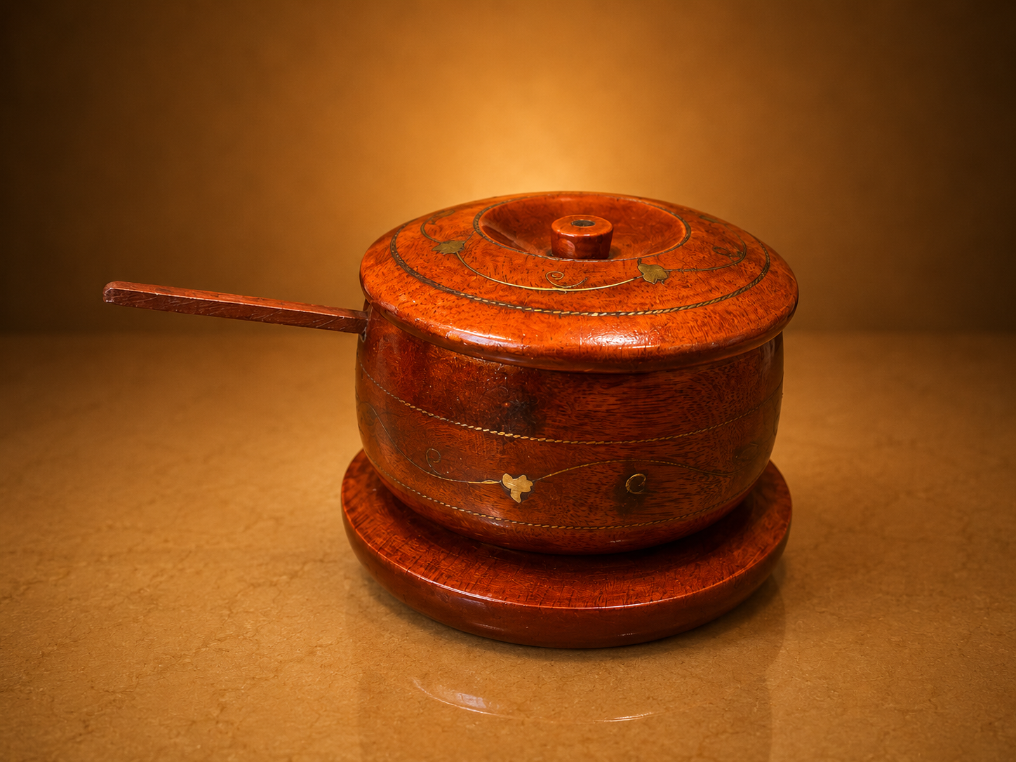 Wooden Sugar Pot with Saucer & Spoon